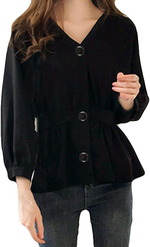 Fankle Women’s Linen Blouse Sale V-Neck Long Sleeve Buttons Up Waist Collection Tee Shirt Top（Black,XXXXL)