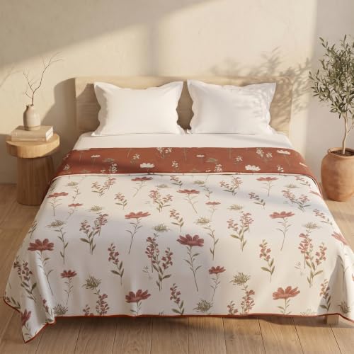 Image of HUESLAND 100% Cotton Reversible Dohar Double Bed Cotton | Soft Cambric Weave, All Weather Light AC Blanket | 86 x 94 inches, Floral - Rust & White