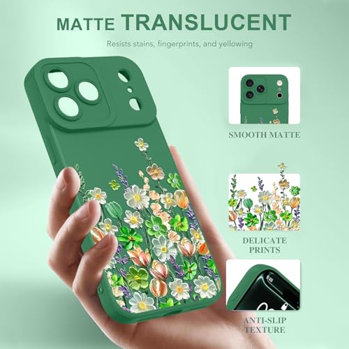 Image of Designed for iPhone 17 Pro Max Case Floral for Women Girls, Green | Cute Oil Painting Flower Pattern Liquid Silicone Phone Case [Full Camera Protection] Slim Soft TPU Protective Cover