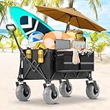 Beach Wagon with Big Wheels for Sand Heavy Duty Collapsible Wagon with 9' All Terrain Inflatable Tires, Foldable Beach Cart for Camping Outdoor Grocery Shopping Garden Sports