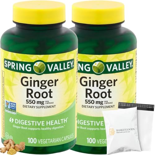 Spring Valley Ginger Root 550mg Dietary Supplement Capsules Digestive Health 100 Count per Bottle (Pack of 2) Set with Basket Goods Store Polybag (1)