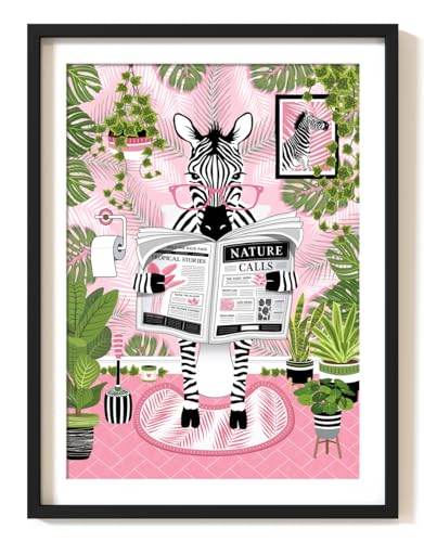 Parmaro Zebra on Toilet, A4 UNFRAMED Print, Animal on Toilet, Pink Botanical Print for Tropical Bathroom Decor