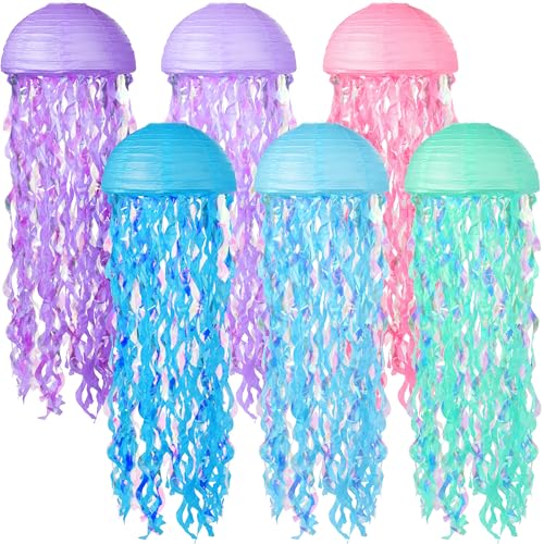 Image of Jellyfish Paper Lanterns 6 Pacs 10 Inch Under The Sea Mermaid Party Baby Shower Decorations Blue Hanging Jelly Fish for Ocean Spongebob Birthday Party Decorations (Multicolor)