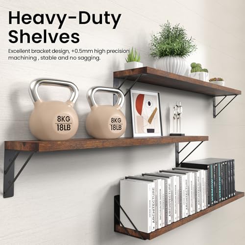 Image of BAYKA Wall Shelves for Bedroom Decor, Floating Shelves for Wall, Display Mounted Rustic Wood Shelf for Books,Plants,Corner Shelves for Bathroom,Kitchen,Living Room(Rustic Brown,36in,Set of 3)