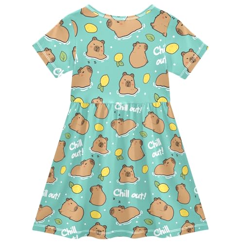 Cute Capybara Simple Lemons Summer Girls Short Sleeve Dress Casual Dresses Beach Sundress for 2-8 Years2