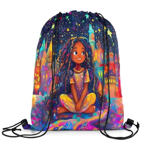 Image of jejeloiu Cute Black Drawstring Backpack 13x15.7inch Castle Star Print Waterproof Gym Drawstring Bags African American Sports String Backpack Beach Swim Travel Bag Sackpac