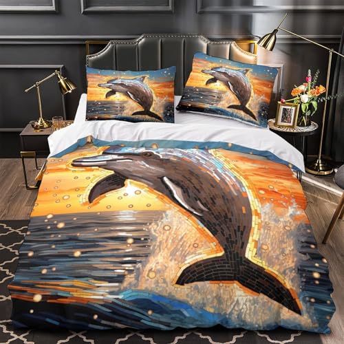 Housse de couette dauphin 3D 140x200 microfibre avec taie d'oreiller