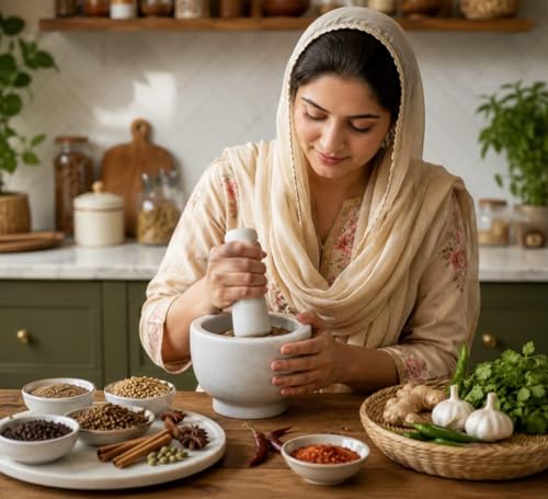 Image of STONE CRAFT White Marble Mortar and Pestle for Kitchen | Okhli Musal | Stone Grinder for Kitchen | Kharal Khalbatta | Granite Rolu Rokali | Herbal Spice Crusher Set