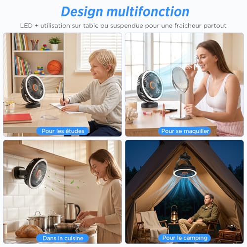 Lepwings Ventilateur de Bureau Silencieux, Ventilateur USB Portable avec Batterie 4000mAh, 4–12H d’Autonomie, 3 Vitesses avec Veilleuse, sur Table ou Suspendu pour Chambre, Bureau ou Camping – vue 7