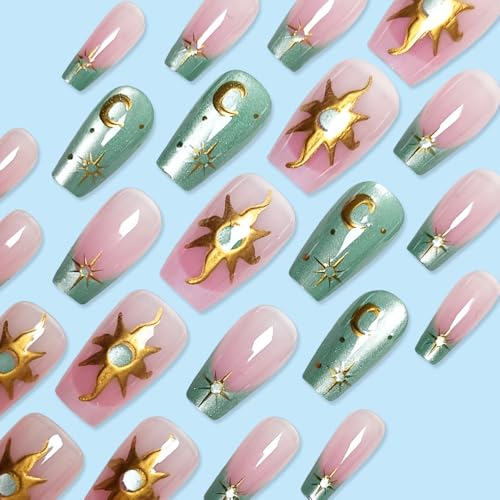 Image of Green Nail Press ons Glitter Fake Nails Sun Moon False Nail with Gold Design Star Glue on Nails Reusable Glossy Full Cover Artificial Acrylic Short Square Stick on Nail for Women Manicure 24Pcs