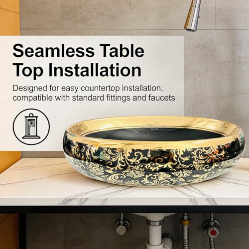 Image of Wallace Designer Oval Table Top Wash Basin Black & Gold 60x40x15 cm | Premium Ceramic Countertop Vessel Sink with Royal Floral Pattern | Luxury Over Counter Bathroom Basin