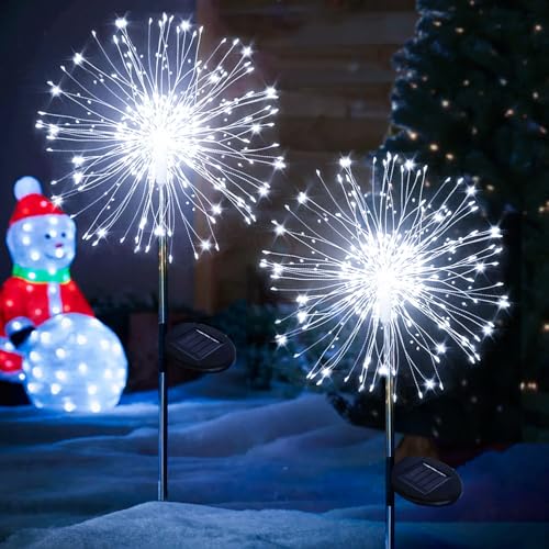 yowin Luces solares de fuegos artificiales, paquete de 2 120 luces LED solares de jardín de Navidad, 8 modos, luz de luciérnaga de Navidad para exteriores, impermeable, alambre de cobre, luz de estaca