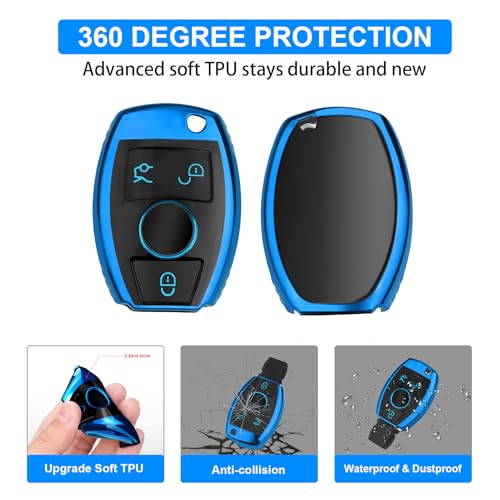 Image of QBUC for Mercedes Benz Key Fob Cover(Blue) | Key Fob Case for Mercedes Benz C E M S CLS CLK GLK GLC G Class, TPU Full Protection Key Fob Smart Key Fob Case