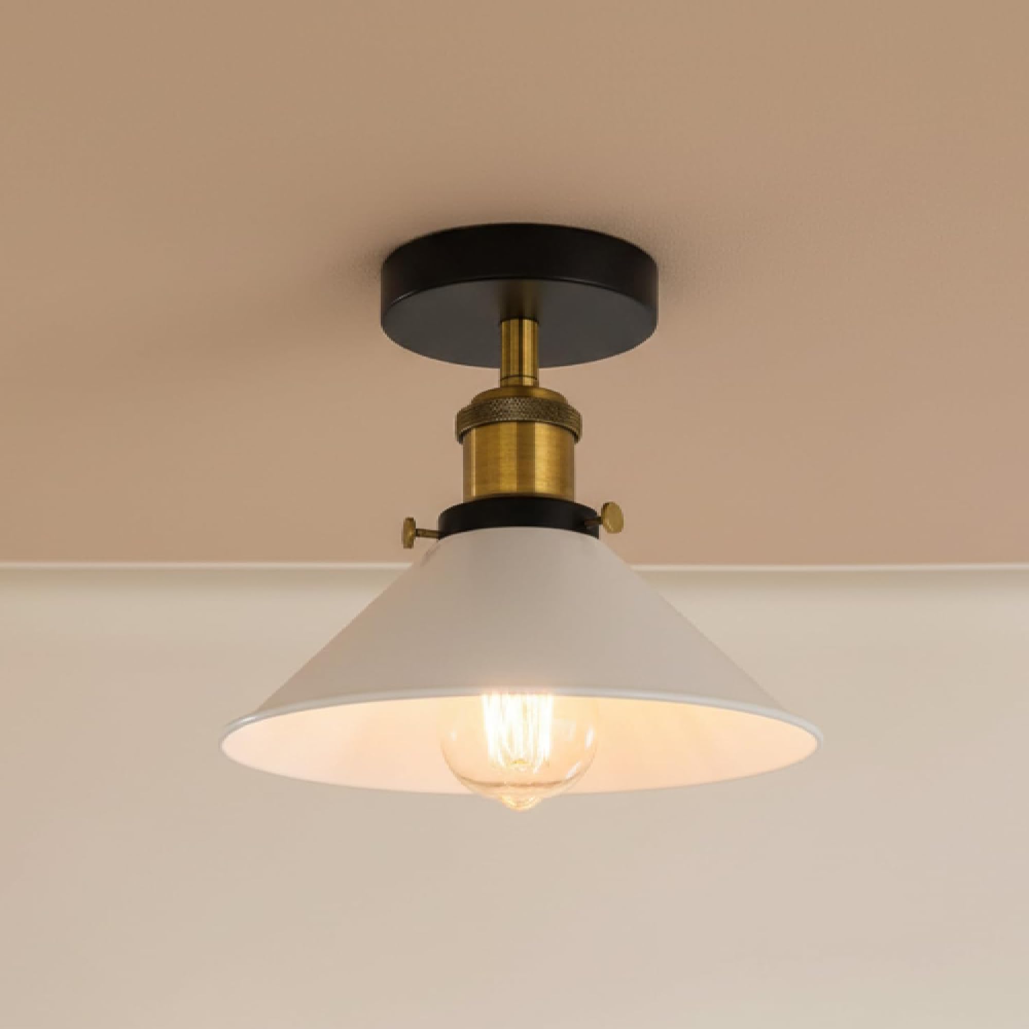 LEDSone Semi Flush Mount Ceiling Lights E27 Base Ceiling Light Fitting for Living Room Kitchen Dining Room Farmhouse Hallway 22cm White Conical Shade Easy Fit Anti Rust Durable Metal with EPC A+ Bulb