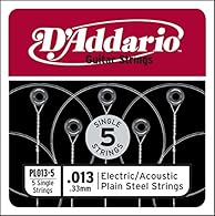 5 single electric/acoustic guitar strings .013 gauge Made from plain steel Strings packaged in resealable Corrosion Intercept bag for guaranteed freshness Made in USA by D'Addario, New York.