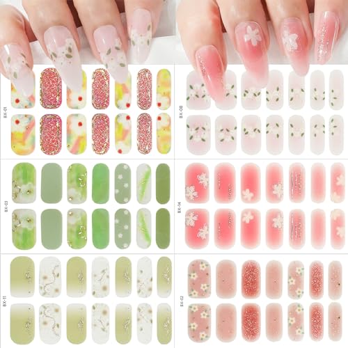 6 Sheets Full Nail Wraps Flower Nail Wraps Self-Adhesive Semi Cured Gel Nail Strips Stickers Nail Polish Strips Solid Color Nail Polish Spring Floral Gloss Nail Wraps Supplies for Women Manicure Tips