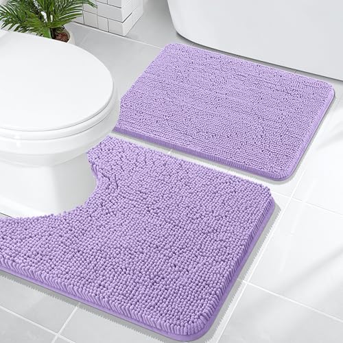 Image of OLANLY Bathroom Rugs Sets 2 Piece, Soft Absorbent Chenille Bath Mats and U-Shaped Contour Toilet Mat Area Rug Set, Machine Washable Bath Carpet, Home Decor Accessories(24 inchx16 inch+24 inchx20 inch, Lavender)