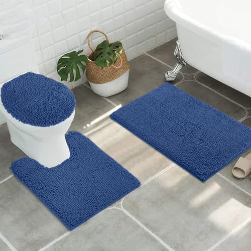 Image of Standard 3pc Set Chenille Bath Mats, Includes 21 inchx24 inch U-Shaped Contour Toilet Rug, 21 inchx34 inch Inches Bathmat and 1 Toilet Lid Cover, Plush Absorbent Bath Mats Quick Dry, Dark Blue