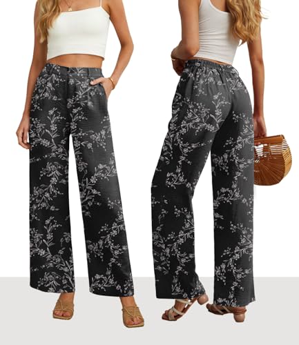 Image of Feiersi Womens Casual Wide Leg Pants High Waisted Button Down Straight Long Trousers Palazzo Pants