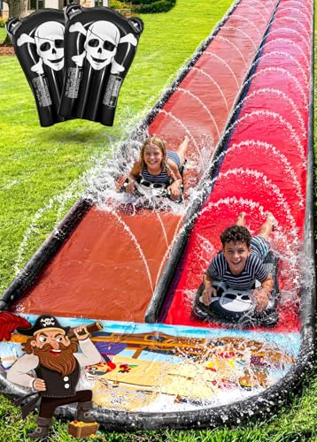 Image of JAMBO Premium 22Ft Water Slide and 2 Bodyboards, Extra Long Heavy Duty Slip Splash and Slide with Inflatable Bumpers, Pirate Splash Mat Water Sprinkler, Outdoor Water Toys, Summer n Toy, Splash Pad