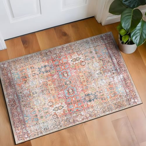 Rugshop Multi Transitional Distressed Accent Rug — Machine Washable & Non‑Slip, 2'x3' for Entryway, Kitchen and Bathroom