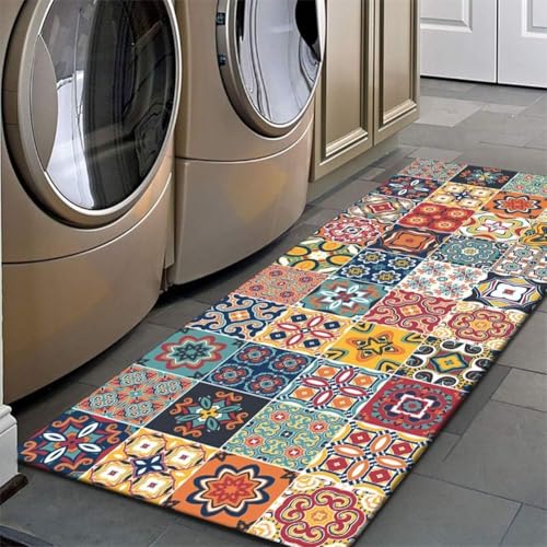 Image of JB'S LAND Kitchen Mats for Floor Anti Slip Set of 2 Pcs, Waterproof Anti-Slip Kitchen Runner Rugs with Printed Tile Design & Rubber Base, Cooking & Laundry (120x40 cm + 60x40 cm)