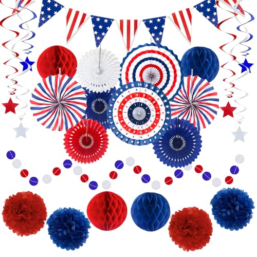Image of 24 Pcs Patriotic 4th of July Decorations Kit, Paper Fans Pom Poms 8-16 in | Red white blue fans, pom poms, honeycomb balls, USA flag banner, swirls for 4th of July, Memorial Day, Independence Day decor