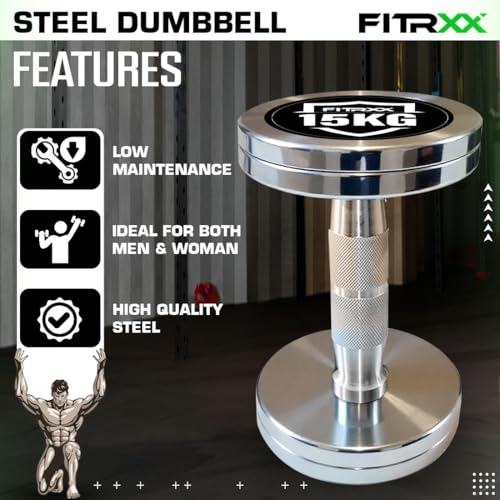 Image of Fitrxx Pair of chrome plated steel Fixed Weight Dumbbells - Gym equipment for home workout | Fitness Gym Dumbbell set for Muscles | stainless steel dumbles set | Dumbell Weights for Workout (Silver, 15 Kg Pair)