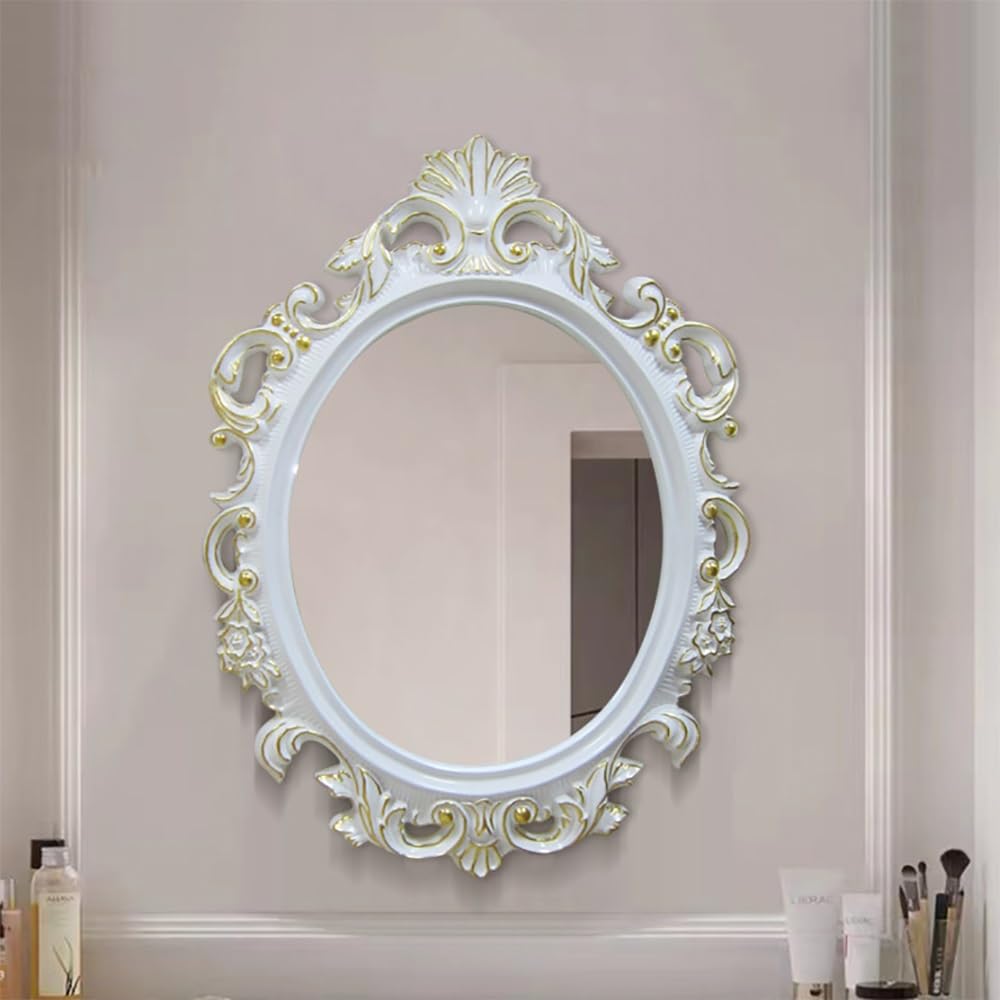 SXFSDOU Oval Mirror Baroque Style, Antique Gold for Living Room, Ornate Wall Mirror, Vintage Decor PU Framed Bathroom 54 * 75cm/21 30in(White+gold,54 30in)