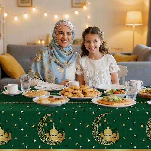 Image of Childom 3 Pack Ramadan Table Cloth,Ramadan Decorations for Home,54 inch x 108 inch Eid Mubarak Decorations,Eid Ramadan Tablecloths Rectangular,Green Plastic Table Cloth Disposable Table Cover for Party Favors