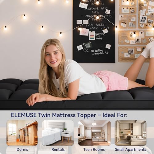 Image of ELEMUSE Twin Black Mattress Topper, Thick Pillow Top Mattress Pad | Overfilled down alternative filling adds plush comfort. Deep pocket design fits twin beds for small spaces and guest rooms.