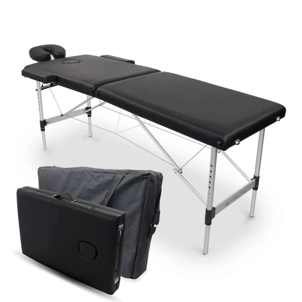 Mobiclinic®, Table de Massage Pliante Aluminium, Portable, Réglable en Hauteur, Appui-Tête, 186x60 cm, CA-01 Light, Sac Transport, Supporte 150 kg, Professionnelle 2 Zones, Noir