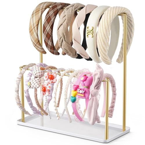 Headband Holder Organizer Metal 2-Tier with Tray: Hair Accessories Display Stand Storage Hairband Rack Necklace Stand Home Bedroom for Girls Women, Gold