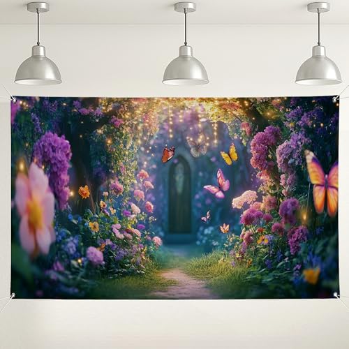 Fondo de jardín fantástico, decoraciones coloridas de mariposas florales para fiestas, fondo de fotografía vibrante para exteriores e interiores para eventos, suministros de celebración de primavera y