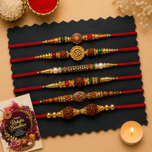 Image of DIKANG Combo Pack of 6 Premium Rakhi Set for Brother and Bhabhi | Mauli Thread Rakhi with Roli Chawal Tilak Set & Greeting Card | Rakhis for Rakshabandhan with Tealight Candle (NR106)