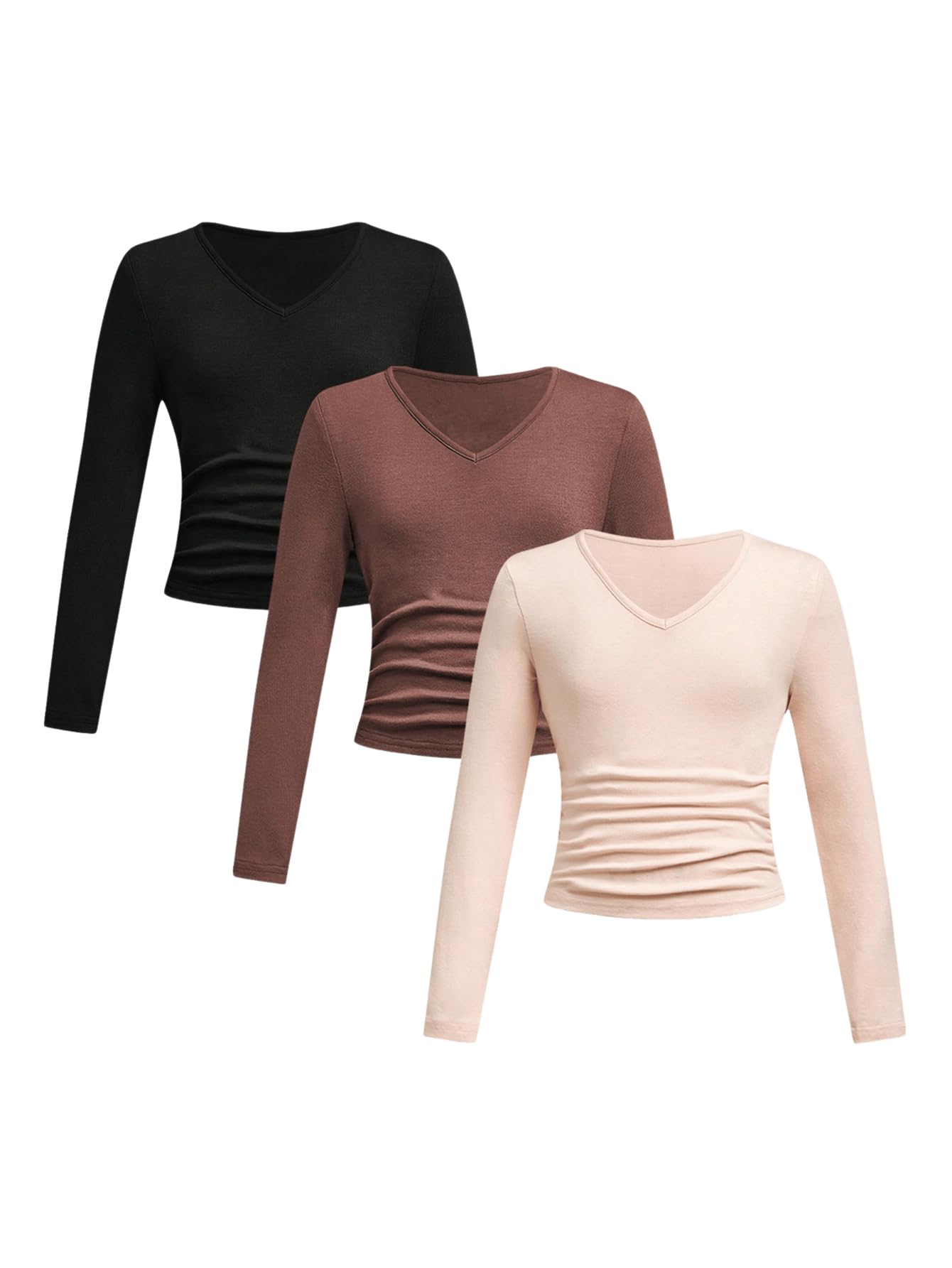 SOLY HUX 3 Pack Girl's Long Sleeve Shirts V Neck Basic T-Shirts Ruched Tops Spring Fall Layering Tees 8-12 Years