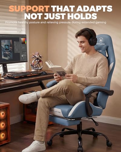 Image of GTPLAYER Gaming Chair with Foot Rest & Pocket Spring Cushion, Ergonomic High Back Computer Desk Chair with Headrest & Lumbar Support for Back Pain Relief, Breathable Fabric, Blue