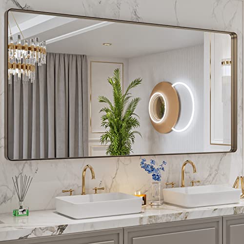 LOAAO 72”X36” Bronze Bathroom Mirrors for Vanity, Rounded Rectangle Brushed Bronze Metal Frame Mirror, Anti-Rust, Tempered Glass, Hangs Horizontally or Vertically