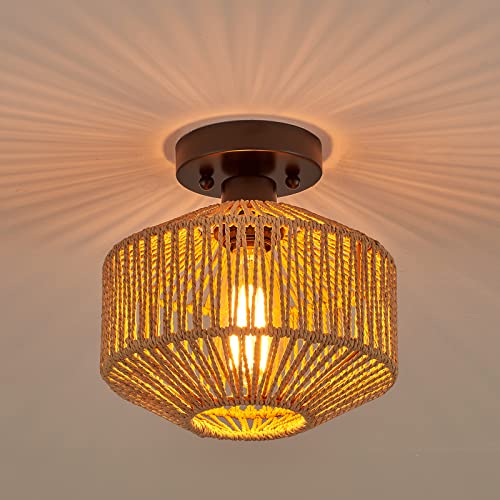 Mhytogn Rattan Semi Flush Mount Ceiling Light, With Woven Natural Rope Cage Shade, Famhouse Wicker Ceiling Light For Entryway Porch Hallway Kitchen Bedroom Balcony #TOP7