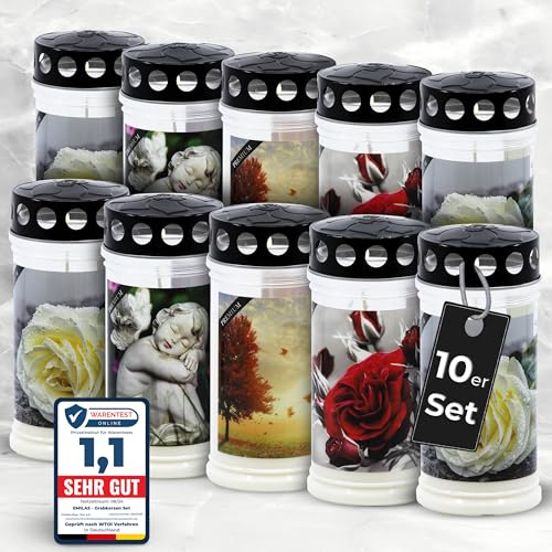 Lot de 10 bougies funéraires EMILAS avec couvercle et 4 motifs
