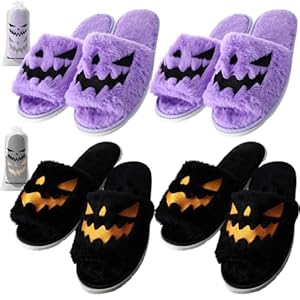Geyoga 4 Pairs Pumpkin Slippers Halloween Slippers Jack O Lantern Fuzzy Sandals One Size 11.5/12 for Men/women Pumpkin Slippers Soft Plush Cozy Open Toe Indoor Outdoor House Shoes for Girls Boys Adult