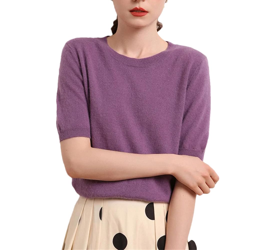 Women Cashmere Shirt O-Neck Short Sleeve Sweater Pullover Knitwear Female Top