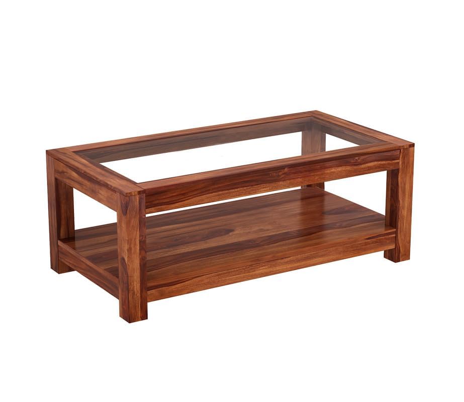 Image of Sheesham Wood Coffee Table for Living Room with Glass Top Multipurpose Tea Table Wooden Centre Table for Home Hall and Office Furniture | Teapoy Table (Honey Finish)