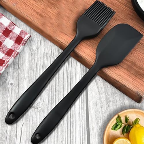 Frenchware (Set of 2, Black) Oil Brush for Cooking & Non-Stick Silicone Spatula Baking & Mixing - Seamless Design, Heat-Resistant -40°C to 230°C, Food