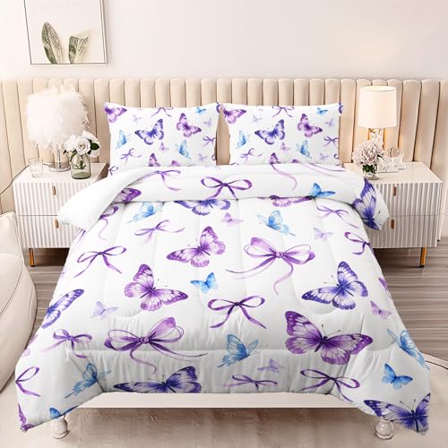 Image of AILONEN Queen Purple Butterfly Comforter Set, Blue Watercolor Ribbon Bedding, Floral Bow Decor, Lightweight Cozy Microfiber Luxury Guest Master Bedroom