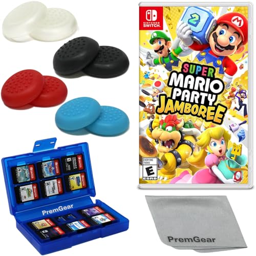 Super Mario Party Jamboree para Nintendo Switch (versión de EE. UU.), con empuñaduras para el pulgar PremGear (paquete de 8, negro, azul, rojo y transparente), soporte para tarjetas de juego de 24