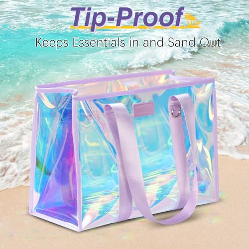 27L Beach Bags for Women, Iridescent Beach Tote Bag with Makeup Bag & Phone Pouch - Waterproof Clear Tote Bag4
