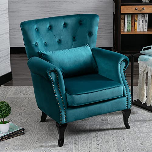 LZAREAL Accent Reading Arm Chairs for Living Room Bedroom, Midcentury Modern Comfy Corner Sofa Chair, Wingback Waiting Room Club Chair with Button Tufted Back &Lumbar Pillow, Velvet Teal