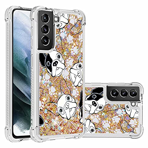 Ttimao Kompatibel mit Samsung Galaxy S21+/S21 Plus 5G Hülle Glitzer Schwimmend Flüssiger Treibsand Huellen Durchsichtig Weich Silikon TPU Vier Ecken Anti-Fall Schutzhülle-Schwarzer Weißer Hund Cover