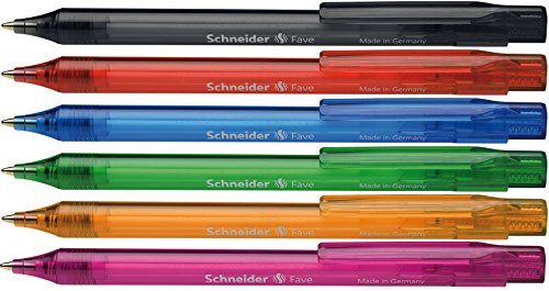 Schneider Fave - Penna a sfera con meccanismo a pressione, pennino M, inchiostro blu, fusto in colori assortiti